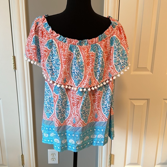 Crown & Ivy Orange & Turquoise Tropical off the shoulder Top NWT size XL - Picture 4 of 11